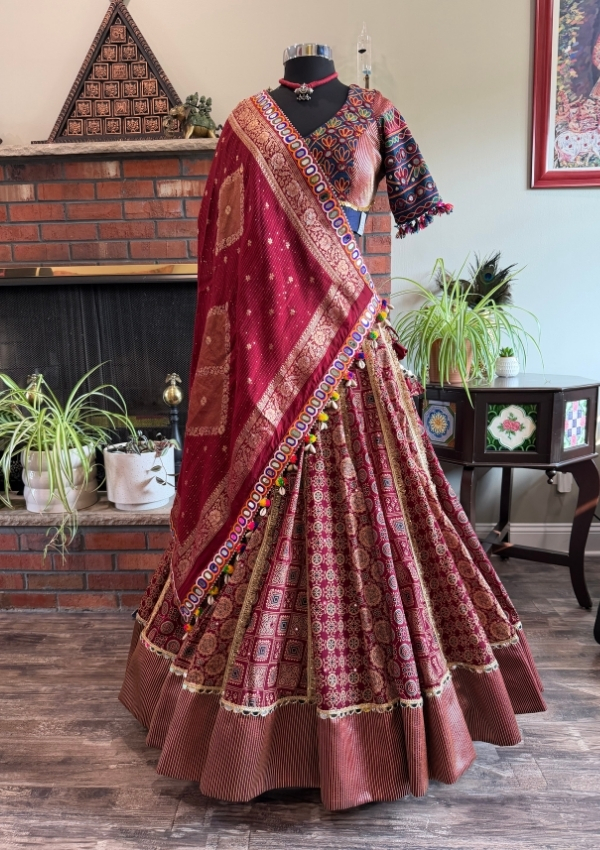 Maroon Kutchi Block Print Chaniya Choli